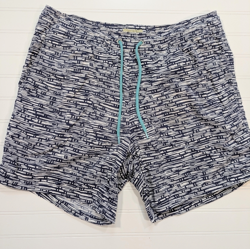 J. Crew Navy and White Patterned Men's Swim Trunks with Teal Drawstring